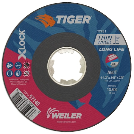 Weiler 4-1/2"x.045" TIGER AO Type 1 Cutting Wheel A60T X-LOCK Arbor Hole 57140